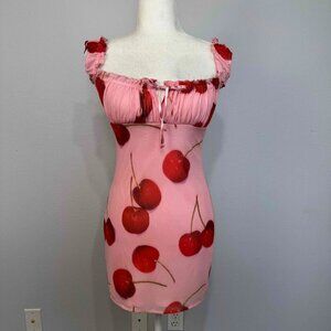 Kimchi Blue Women's Cherry Print Bianca Mesh Mini Dress Off Shoulder Pink Size S
